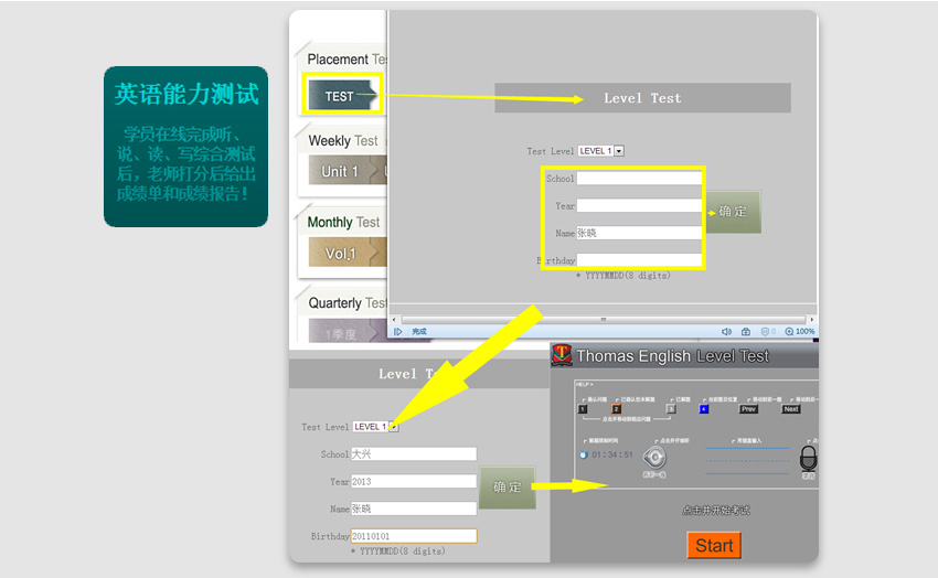 托马斯少儿英语在线学习平台-英语能力测试操作图示